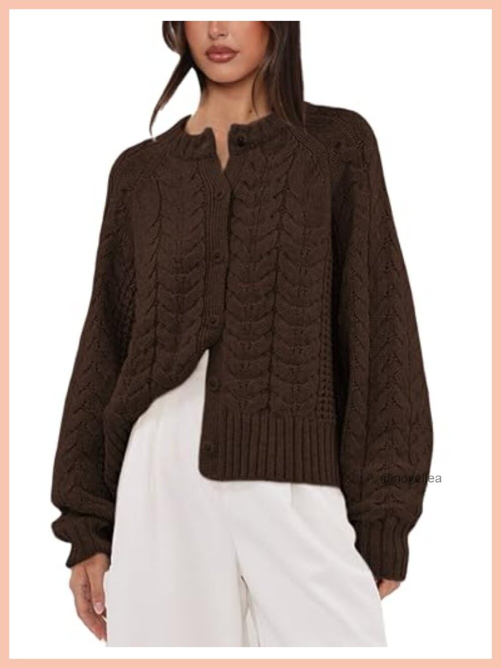 Cable Knit Cardigan Button Front Puffed Sleeve Relaxed Fit Women's Sweater